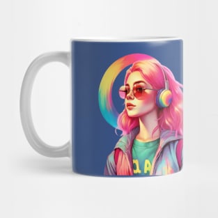 beautiful young girl in headphones with a rainbow Mug